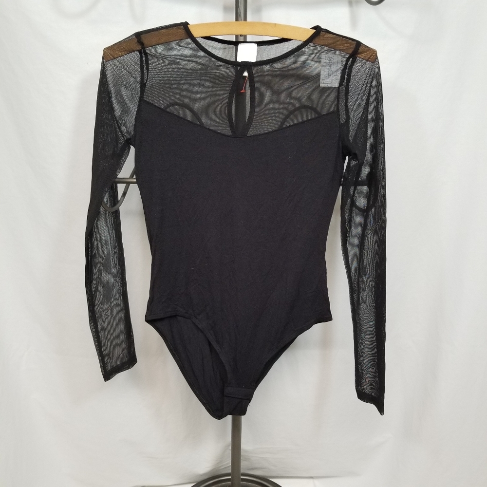 H&M Black Mesh Long Sleeve Top Women's Small Snap Closure Bodysuit Shirt